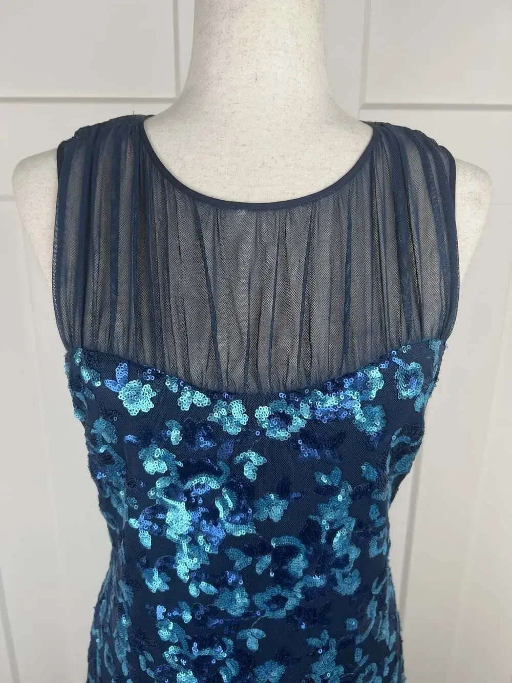 Belle Badgley Mischka Dress 8 Blue Sequin Mesh Sheath Cocktail NWT $219